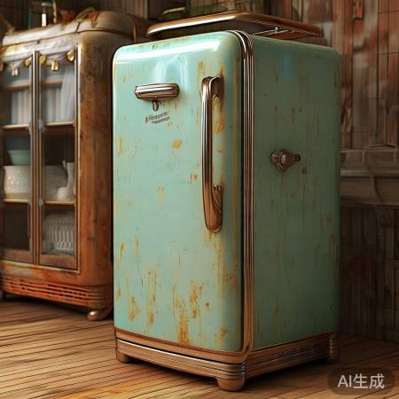 复古老式冰箱，怀旧金属质感。
