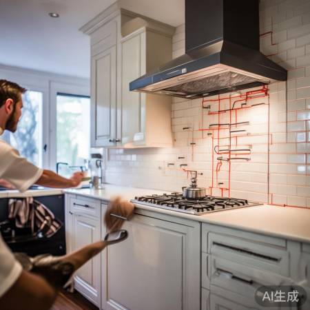 厨房测量定灶位,设计排气管路。