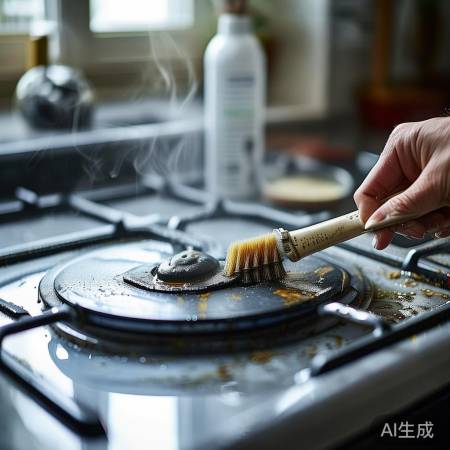 清洁集成灶炉头，热水泡油污，白