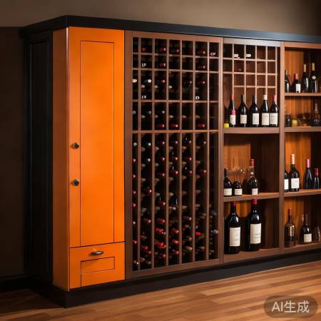 酒柜搭配：橙柜配深棕红酒格，和
