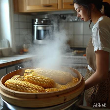 厨房小或夏，蒸玉米开油烟。