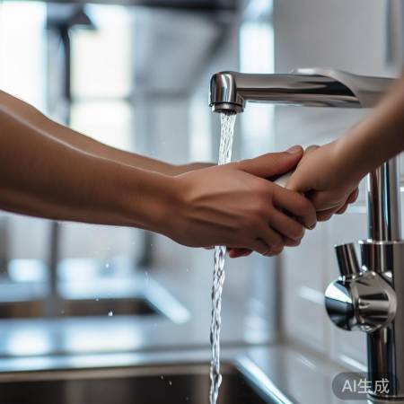 打开热水器龙头，防拆卸水流溅。