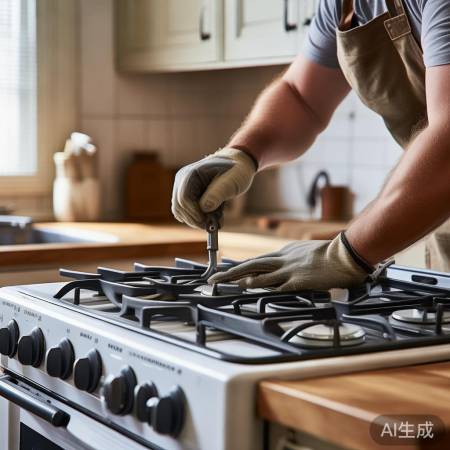 厨房旧灶拆卸，小心操作。