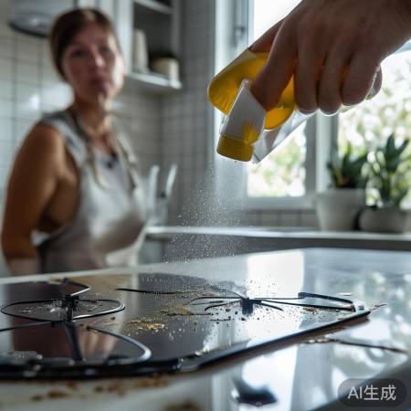 油污处喷洒清洗剂，静置分解。